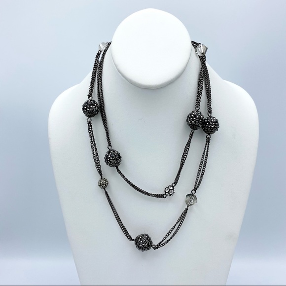 Double Chain Sparkly Beaded Gunmetal Silver Tone Long Strand Necklace - Picture 10 of 11
